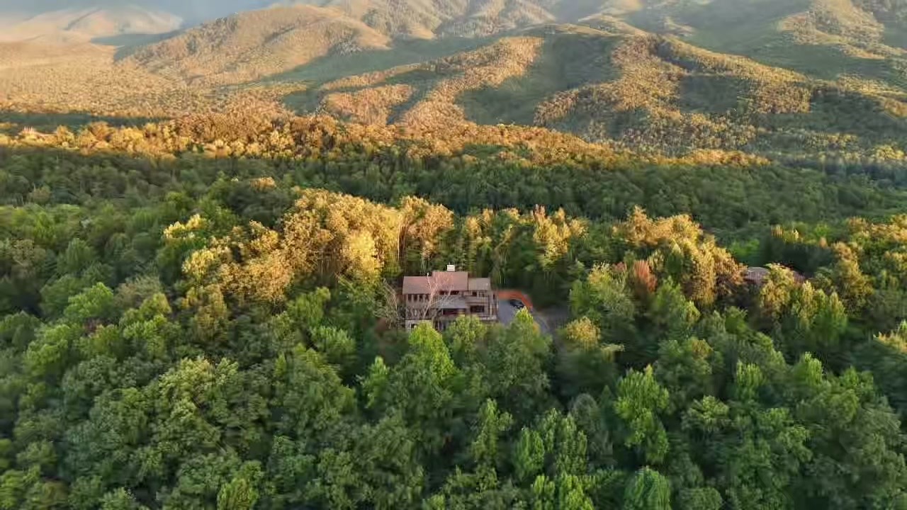 Aerial view of the chalet surrounded by the Smoky Mountains
